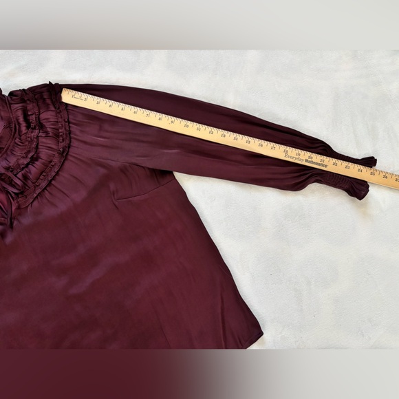 Talbots Top Burgundy Purple Satin Ruffle Neck Tie Front Blouse Long Sleeve SzXL - Picture 6 of 10